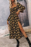 Elegant College Floral Slit Square Collar A Line Dresses