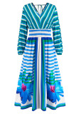 Elegant College Striped Floral Patchwork V Neck Printed Dress Dresses