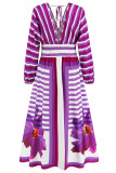 Elegant College Striped Floral Patchwork V Neck Printed Dress Dresses
