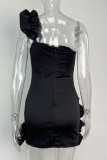 Sexy Solid Fold Asymmetrical One Shoulder Bud Dresses