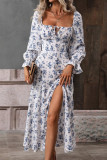 Elegant College Floral Slit Square Collar A Line Dresses