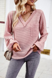 Casual Plaid Pocket V Neck Tops