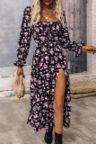 Elegant College Floral Slit Square Collar A Line Dresses