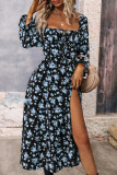 Elegant College Floral Slit Square Collar A Line Dresses