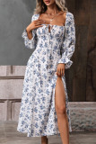 Elegant College Floral Slit Square Collar A Line Dresses