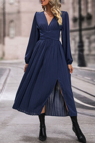 Elegant Solid Slit V Neck Waist Skirt Dresses