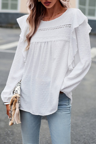 Elegant Solid Flounce O Neck Tops
