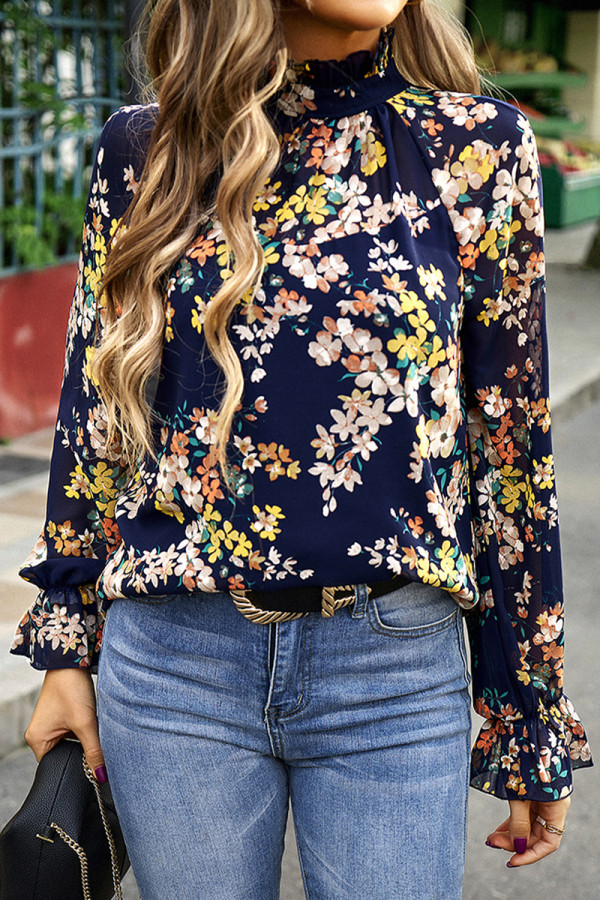 Celebrities Elegant Floral Patchwork Turtleneck Tops