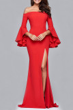 Elegant Solid Flounce Off the Shoulder Evening Dress Dresses