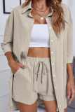 Casual Simplicity Solid Pocket Turndown Collar Half Sleeve Two Pieces