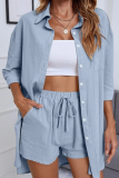 Casual Simplicity Solid Pocket Turndown Collar Half Sleeve Two Pieces