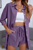 Casual Simplicity Solid Pocket Turndown Collar Half Sleeve Two Pieces