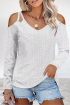 Elegant Solid Hollowed Out V Neck T-Shirts