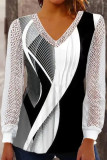 Elegant Print Lace Hollowed Out V Neck Tops