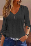Casual Solid Hollowed Out Draw String V Neck Tops