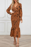 Elegant Print With Belt V Neck Trumpet Mermaid Dresses