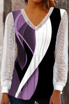 Elegant Print Lace Hollowed Out V Neck Tops