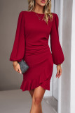 Celebrities Solid Fold O Neck Irregular Dress Dresses