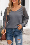 Casual Striped See-through V Neck Tops