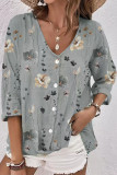 Casual Sweet Floral Buttons V Neck Tops