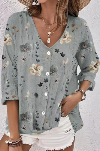 Casual Sweet Floral Buttons V Neck Tops
