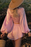 Sexy Solid Frenulum V Neck Long Sleeve Two Pieces