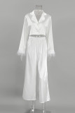 Elegant Solid Buttons Feathers Turn-back Collar Long Sleeve Two Pieces