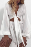 Sexy Solid Frenulum V Neck Long Sleeve Two Pieces