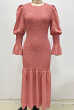 Elegant Solid Fold O Neck Wrapped Skirt Dresses