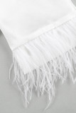 Elegant Solid Buttons Feathers Turn-back Collar Long Sleeve Two Pieces