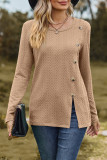 Casual British Style Solid Buttons Slit O Neck Tops