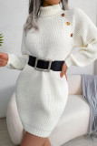 Street Solid Buttons Turtleneck Pencil Skirt Dresses(No Belt)