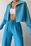 Casual Solid Frenulum Turndown Collar Long Sleeve Two Pieces