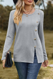Casual British Style Solid Buttons Slit O Neck Tops