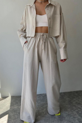 Casual Solid Frenulum Turndown Collar Long Sleeve Two Pieces
