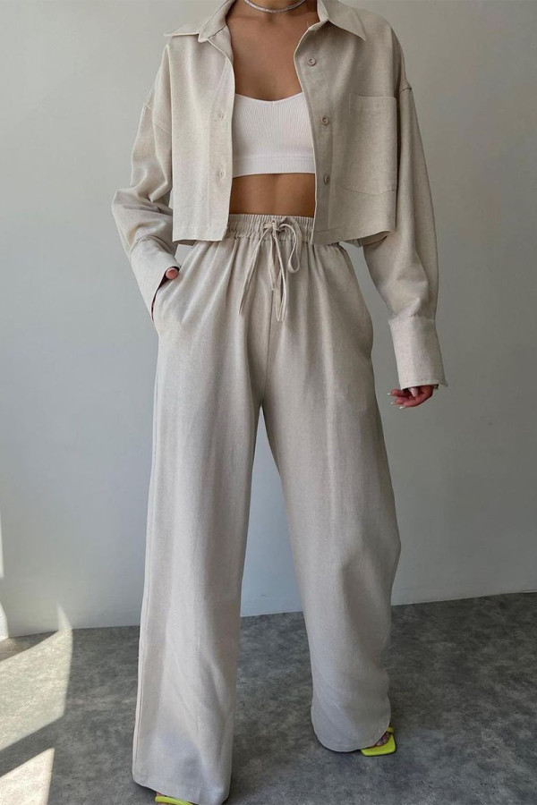 Casual Solid Frenulum Turndown Collar Long Sleeve Two Pieces
