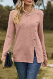 Casual British Style Solid Buttons Slit O Neck Tops