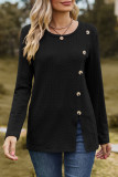 Casual British Style Solid Buttons Slit O Neck Tops