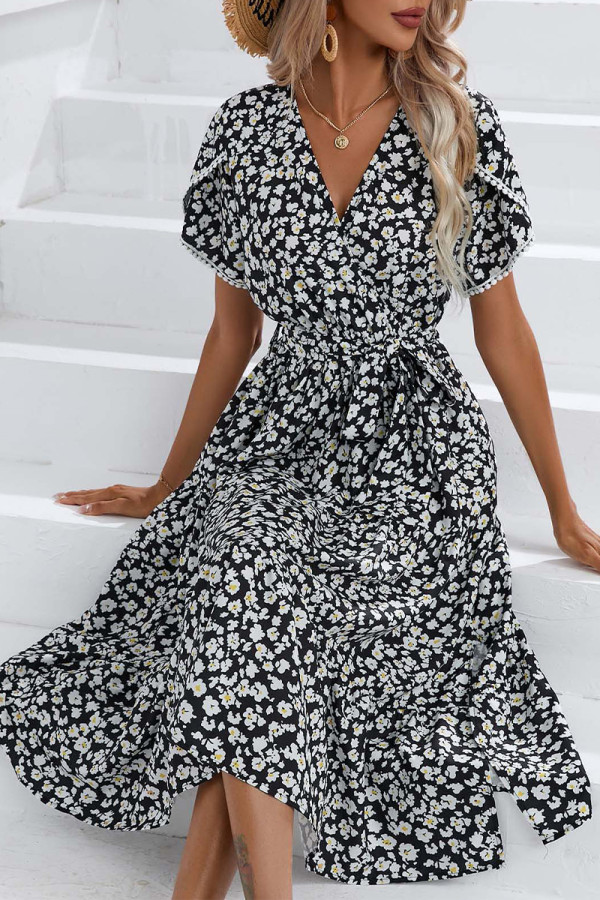 Elegant Floral Bandage Slit V Neck A Line Dresses