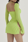 Sexy Solid Hollowed Out Draw String Square Collar Waist Skirt Dresses