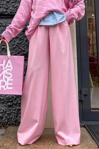 Sweet Elegant Solid Buttons Loose Wide Leg Solid Color Bottoms