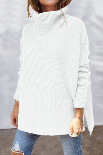 Casual Solid Slit Turtleneck Tops