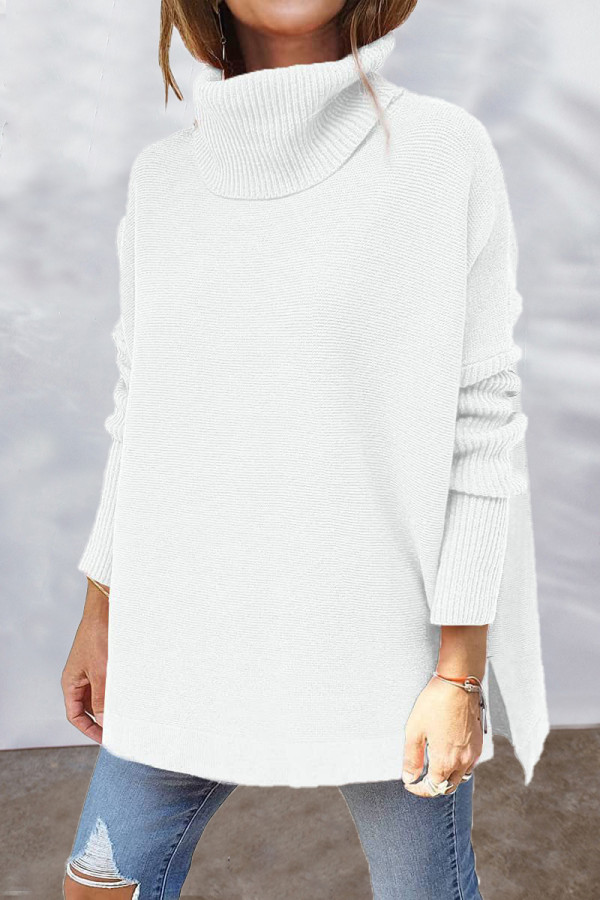 Casual Solid Slit Turtleneck Tops