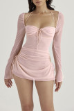 Sexy Solid Hollowed Out Draw String Square Collar Waist Skirt Dresses
