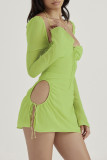 Sexy Solid Hollowed Out Draw String Square Collar Waist Skirt Dresses