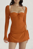 Sexy Solid Hollowed Out Draw String Square Collar Waist Skirt Dresses