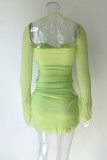 Sexy Solid Hollowed Out Draw String Square Collar Waist Skirt Dresses