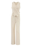 Casual British Style Solid Buttons V Neck Sleeveless Two Pieces