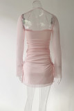 Sexy Solid Hollowed Out Draw String Square Collar Waist Skirt Dresses