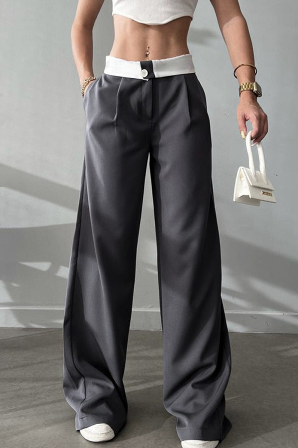 Casual Street Solid Fold Contrast Loose High Waist Wide Leg Patchwork Bottoms